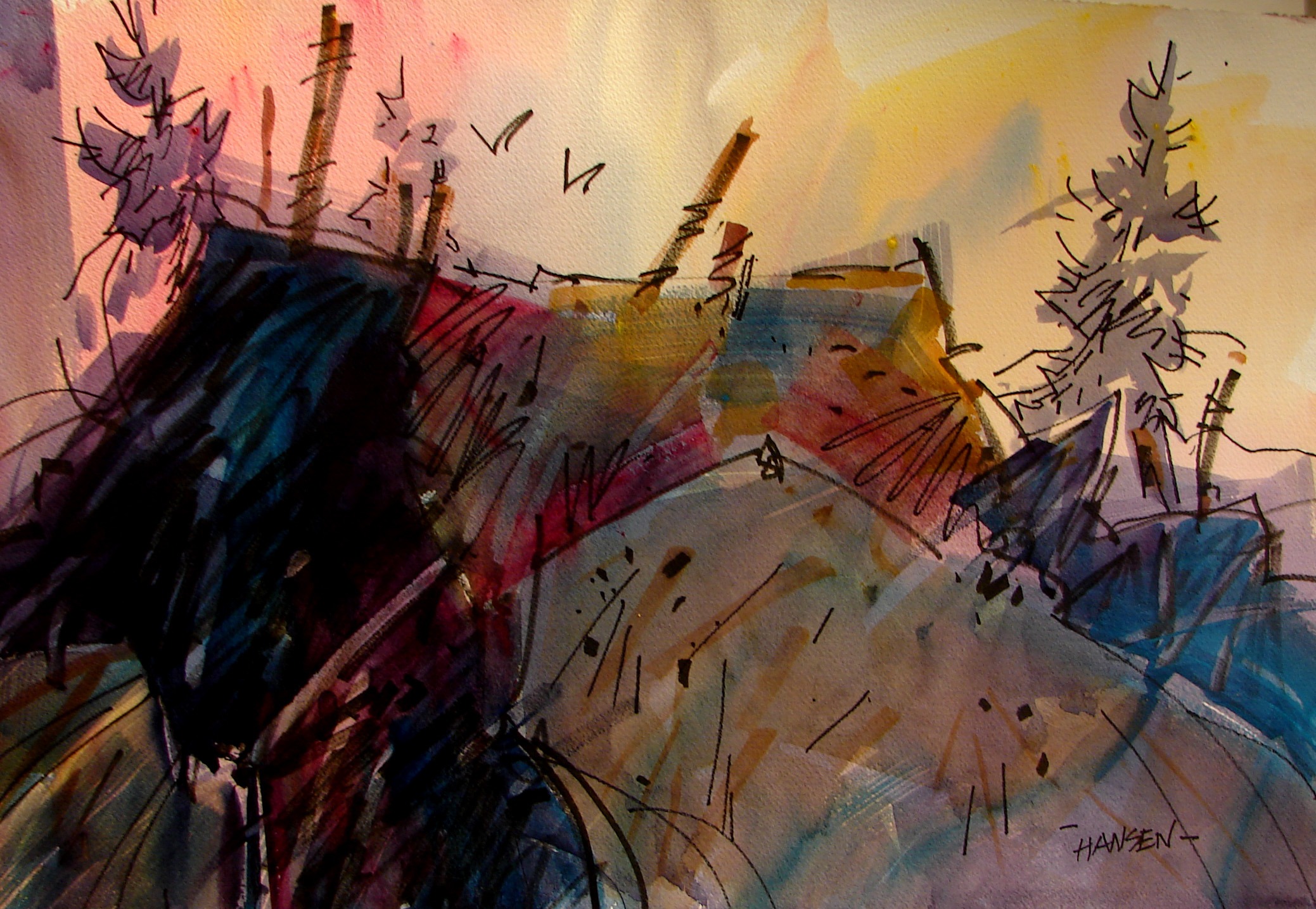 Bridge Remnants, Original Woody Hansen Watercolor painting