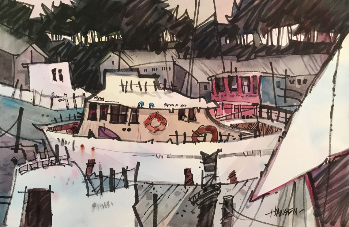 Noyo Harbor, Original 15" x 22" Watercolor Painting  by  Woody Hansen