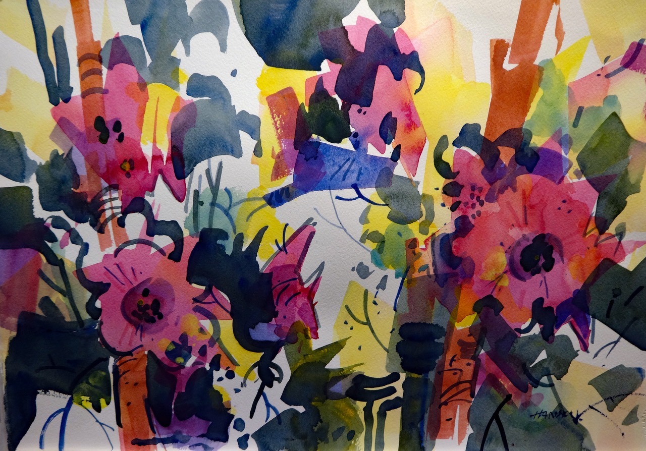 Woody Hansen watercolor, Holly Happiness