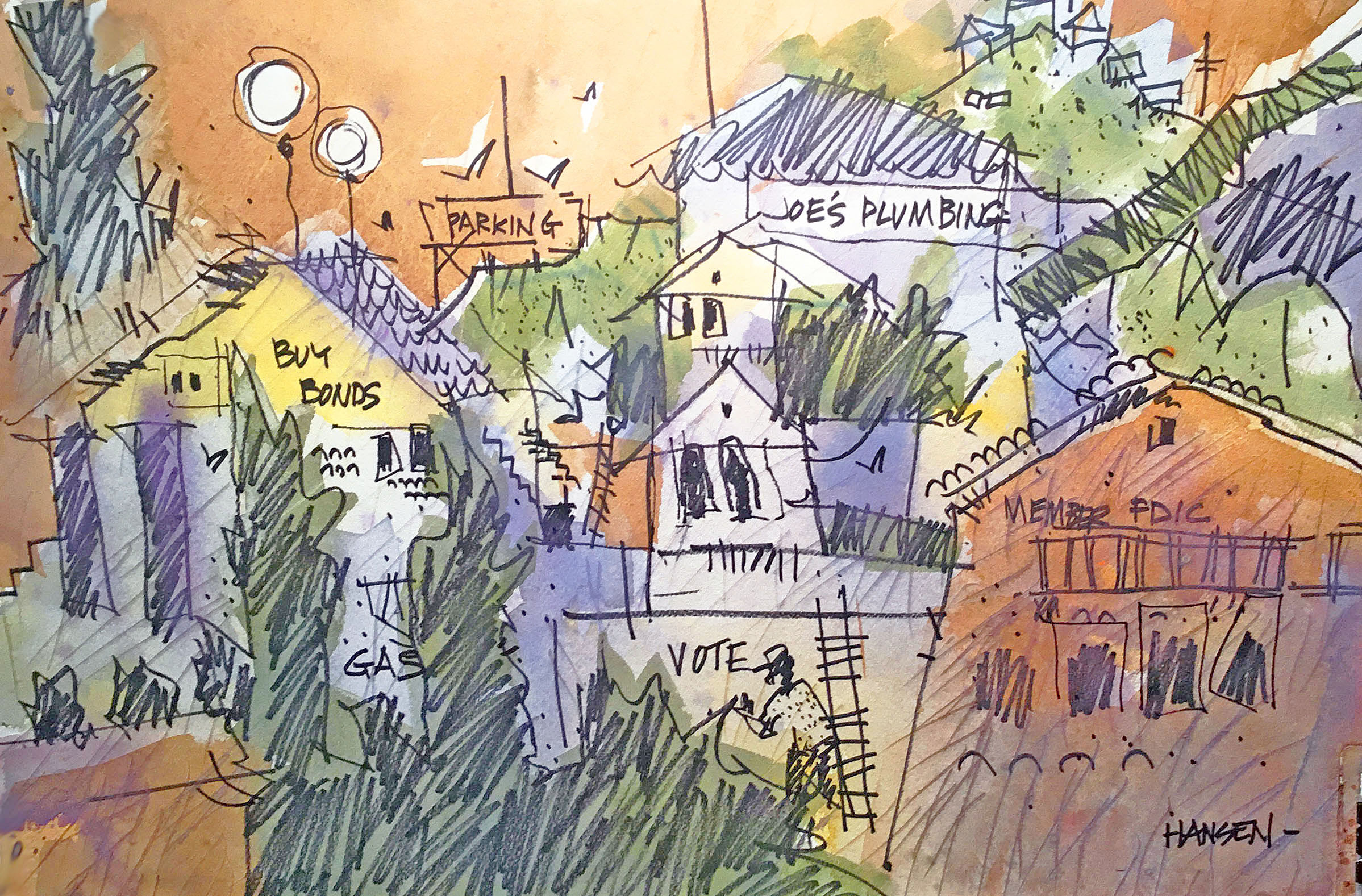 m Hansen watercolor, Political Polarization, 1908