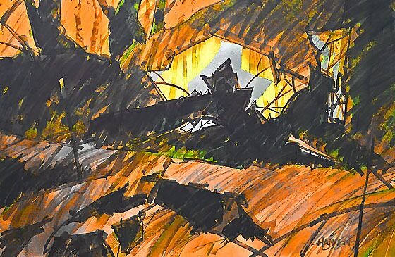 FALLEN GIANTS, 15" X 22' WOODY HANSEN WATERCOLOR