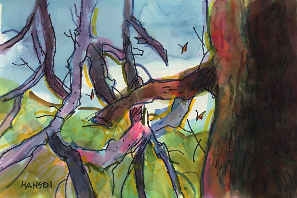 Parkway Tangle, 15x22, watercolor painting by Woody Hansen