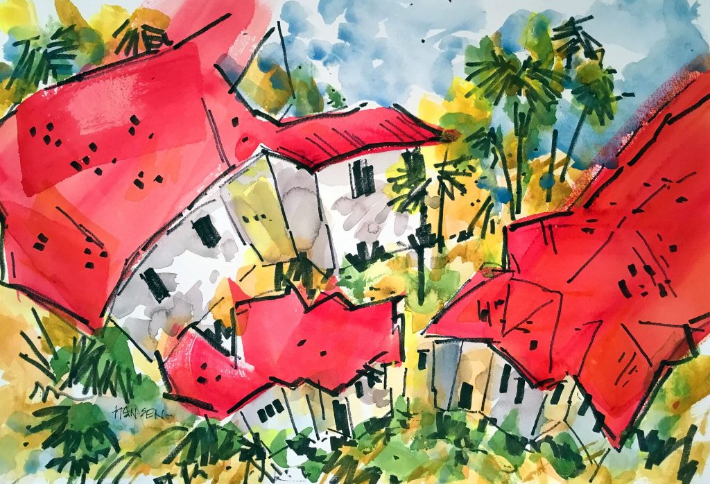 Red Roofs, watercolor, 15x22, by Woody Hansen