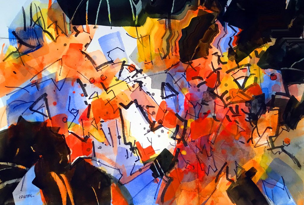 CHAOTIC DISCOURSE, 15X22, Watercolor by Woody Hansen